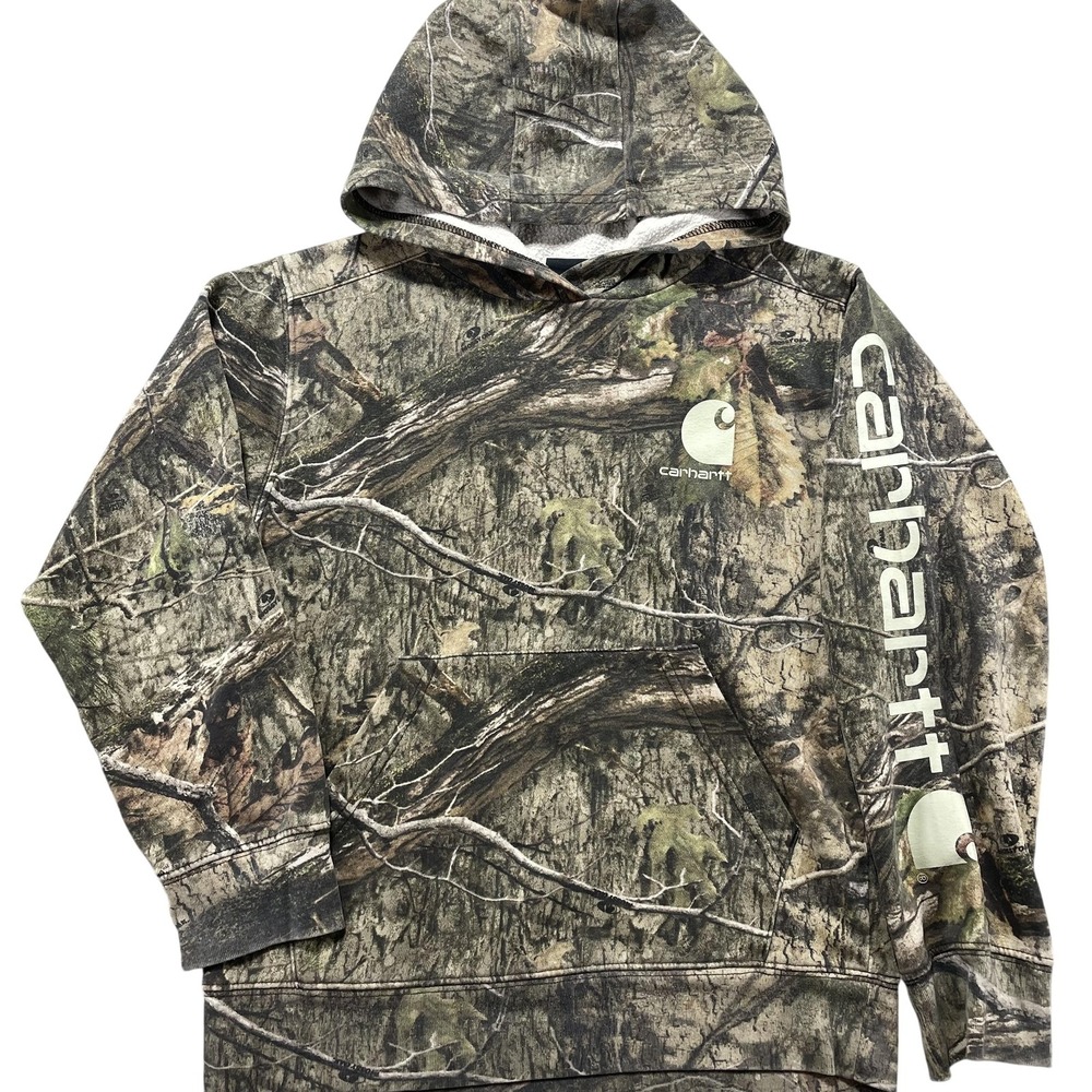 Carhartt Hoodie Kids S 8-10 Brown Camo Fleece Pullover Sweatshirt Logo Hunting